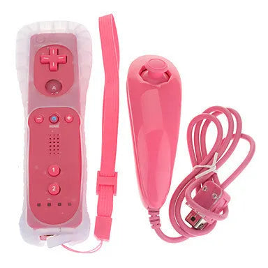 Wii left and right wireless gamepad controllers with rubber sleeve on the right-hand unit, in selected colour.