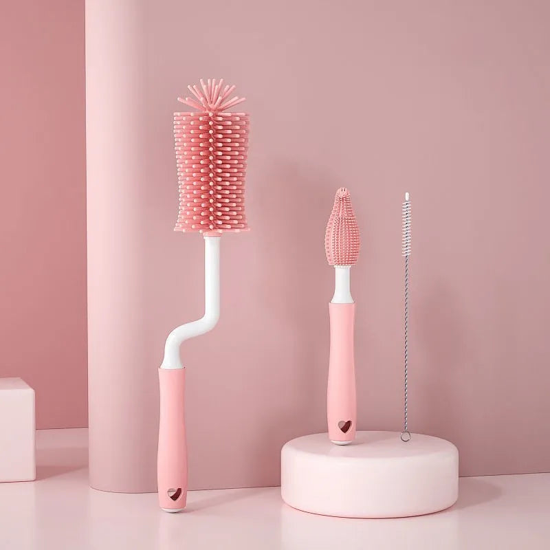 Silicone baby bottle brush set with main brush and straw cleaning attachment