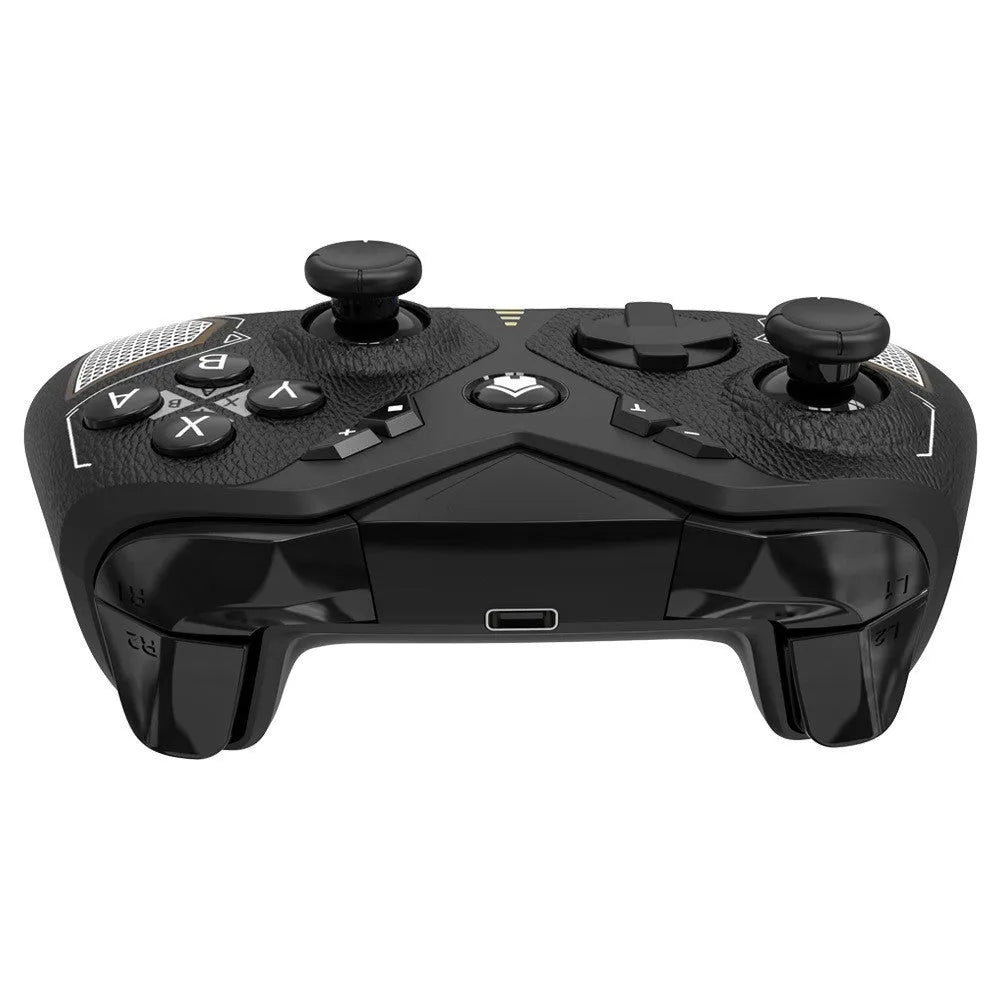 Black wireless game controller with leather pattern texture, showing Type-C port and dimensions 171x67x136mm.