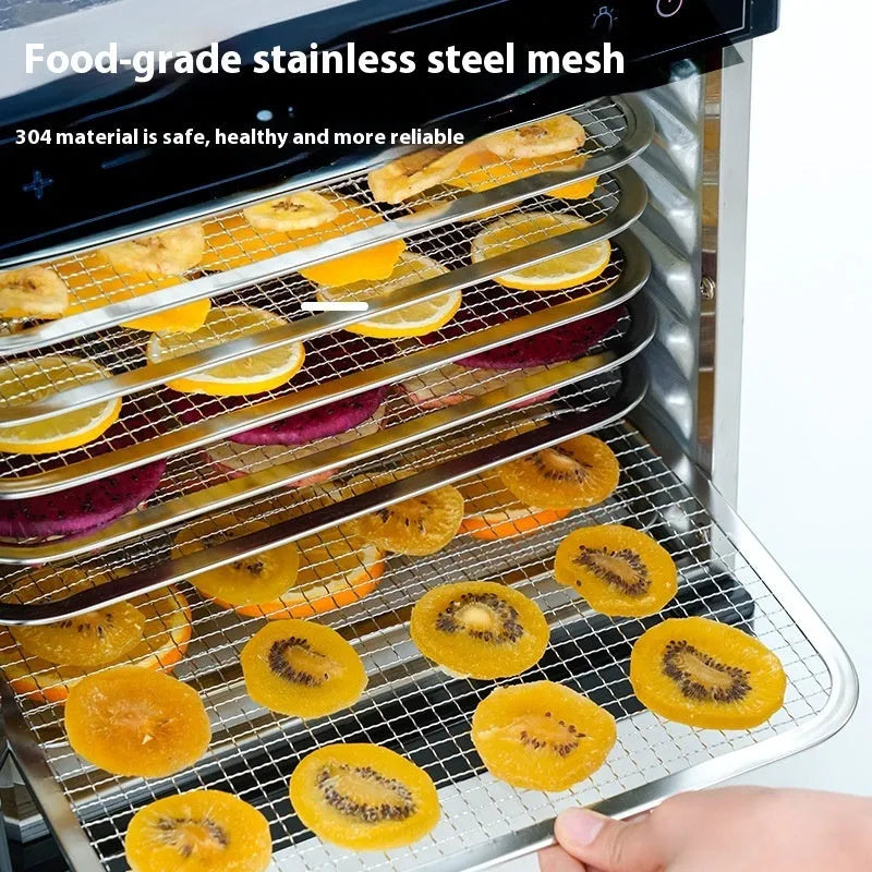 Stainless steel fruit dehydrator with visual skylight showing stacked drying trays inside