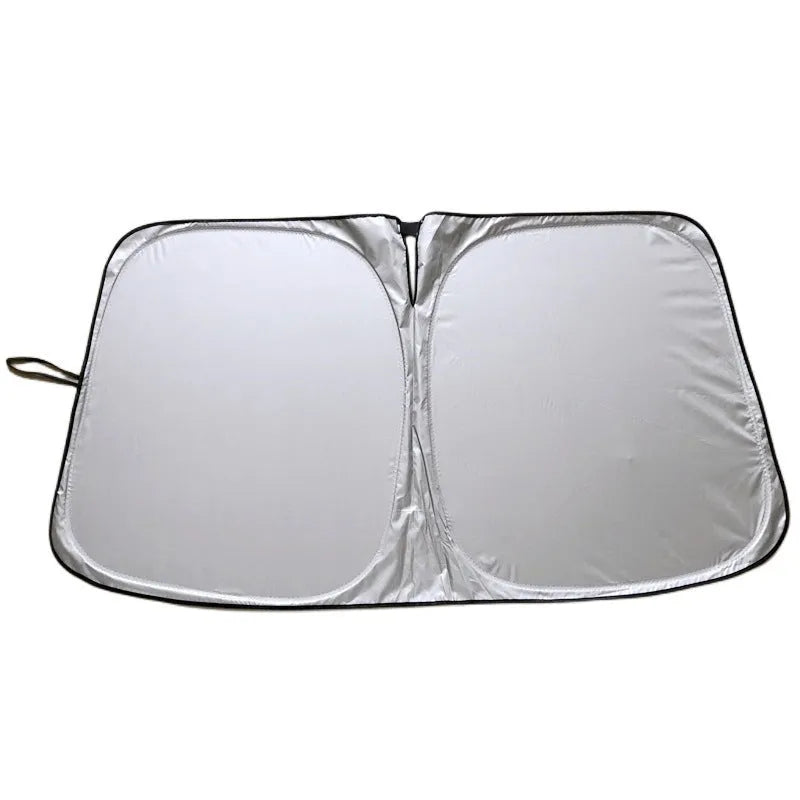 Aluminium foil car windscreen sunshade in titanium silver, shown folded and unfolded.