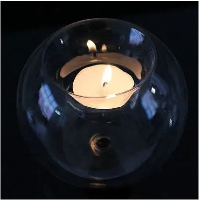 Handmade Europe style round hollow glass candle holder with spherical design