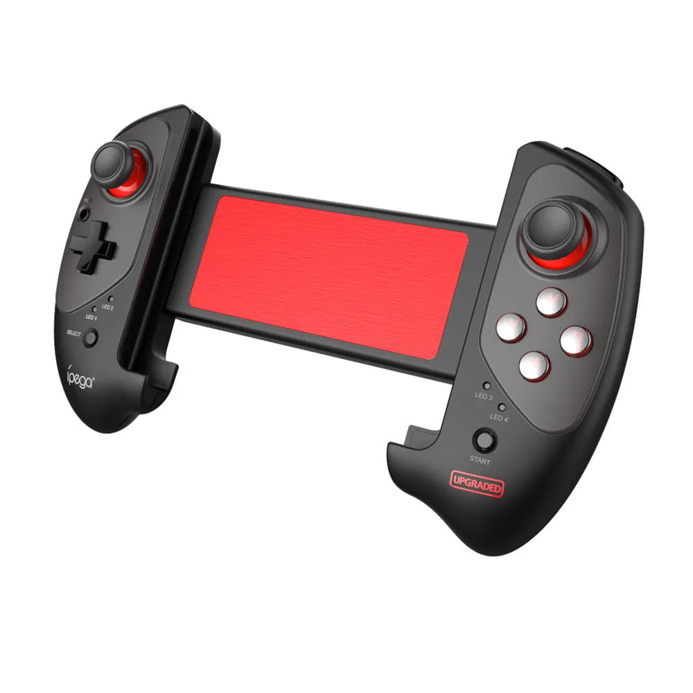 Red telescopic gamepad controller with Bluetooth 4.0 and USB connectivity for Android, iOS, and PC gaming