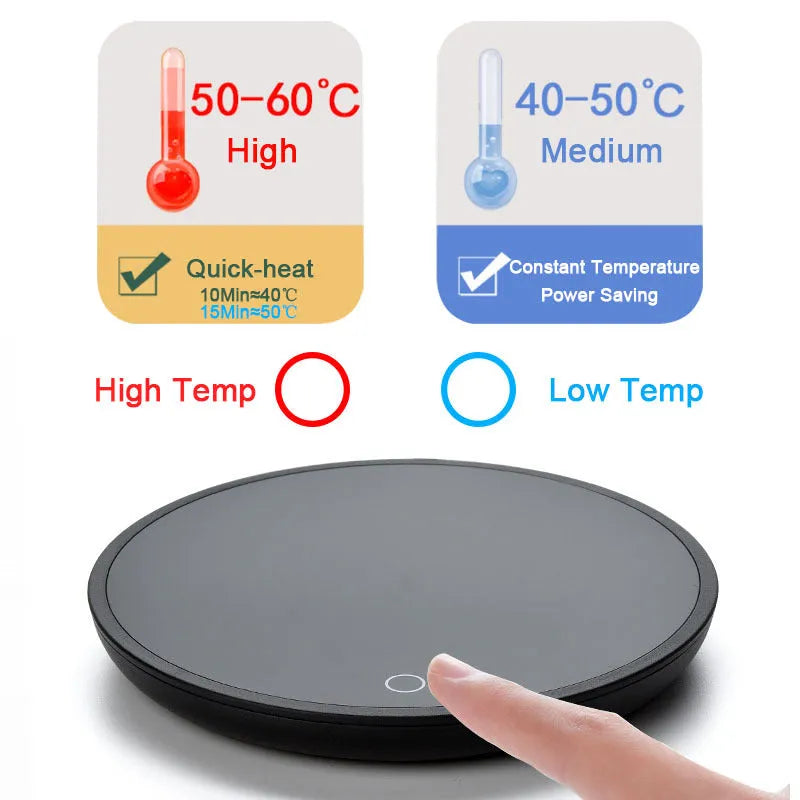 Black coffee mug warmer with temperature switch for office and home beverage heating