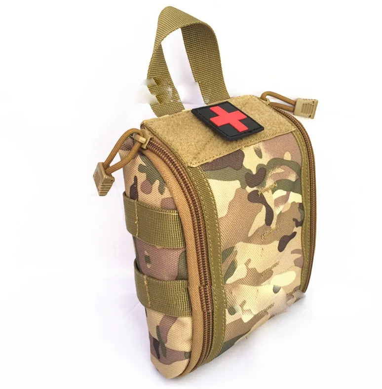 Tactical medical first aid kit for outdoor camping and climbing, shown open with contents including gauze, bandages, and medicines.