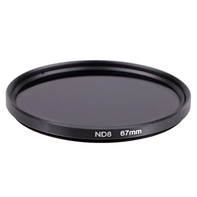 ND8 neutral density camera filter with aviation aluminium frame showing thread size options