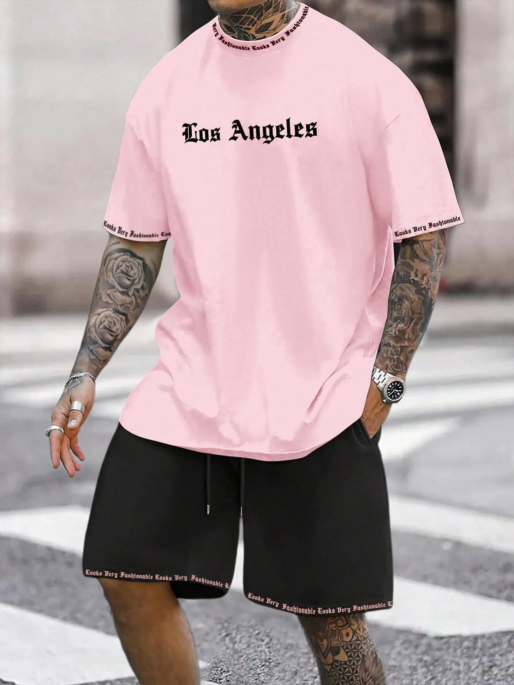 Sports style short-sleeved shorts set with printing pattern in polyester blend fabric