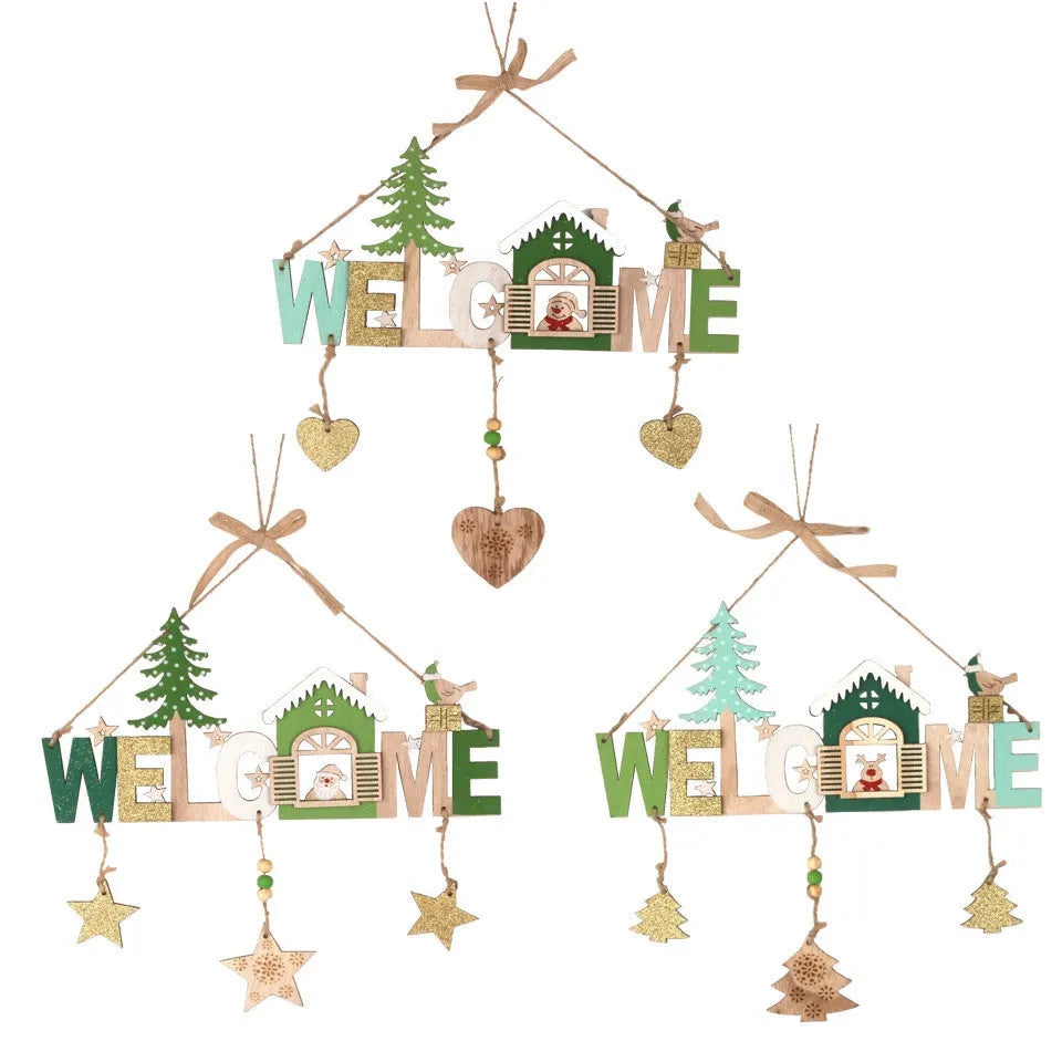 Wooden Christmas ornament set with old man snowman and elk designs