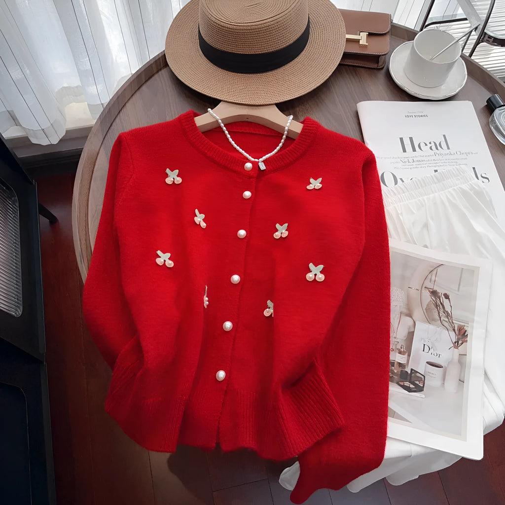 Pink nylon cashmere slim fit cardigan coat with beaded details and a round neck.