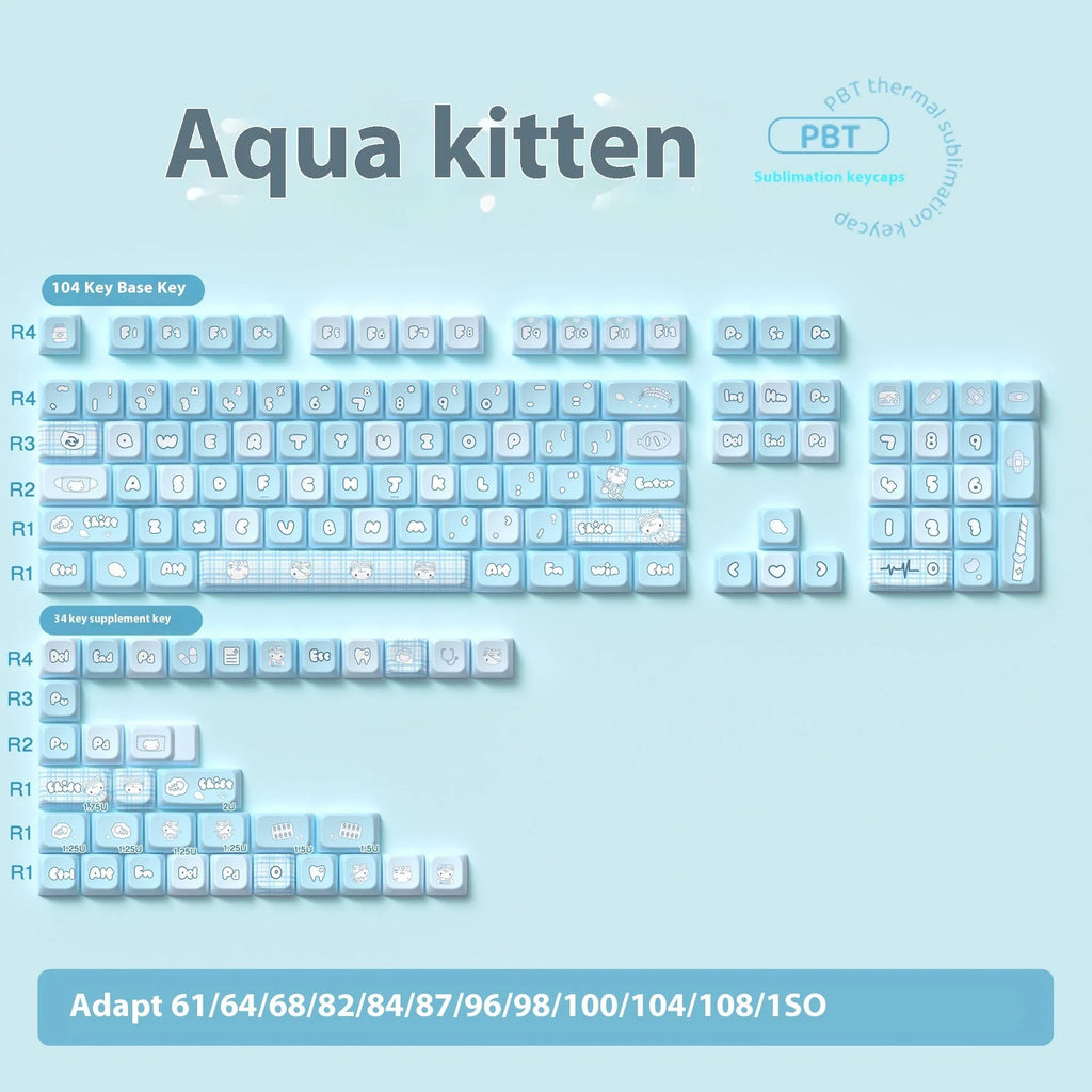 Watercolour kitten illustration custom keycap set for mechanical keyboard, showing multiple PTB keys with opaque legends.