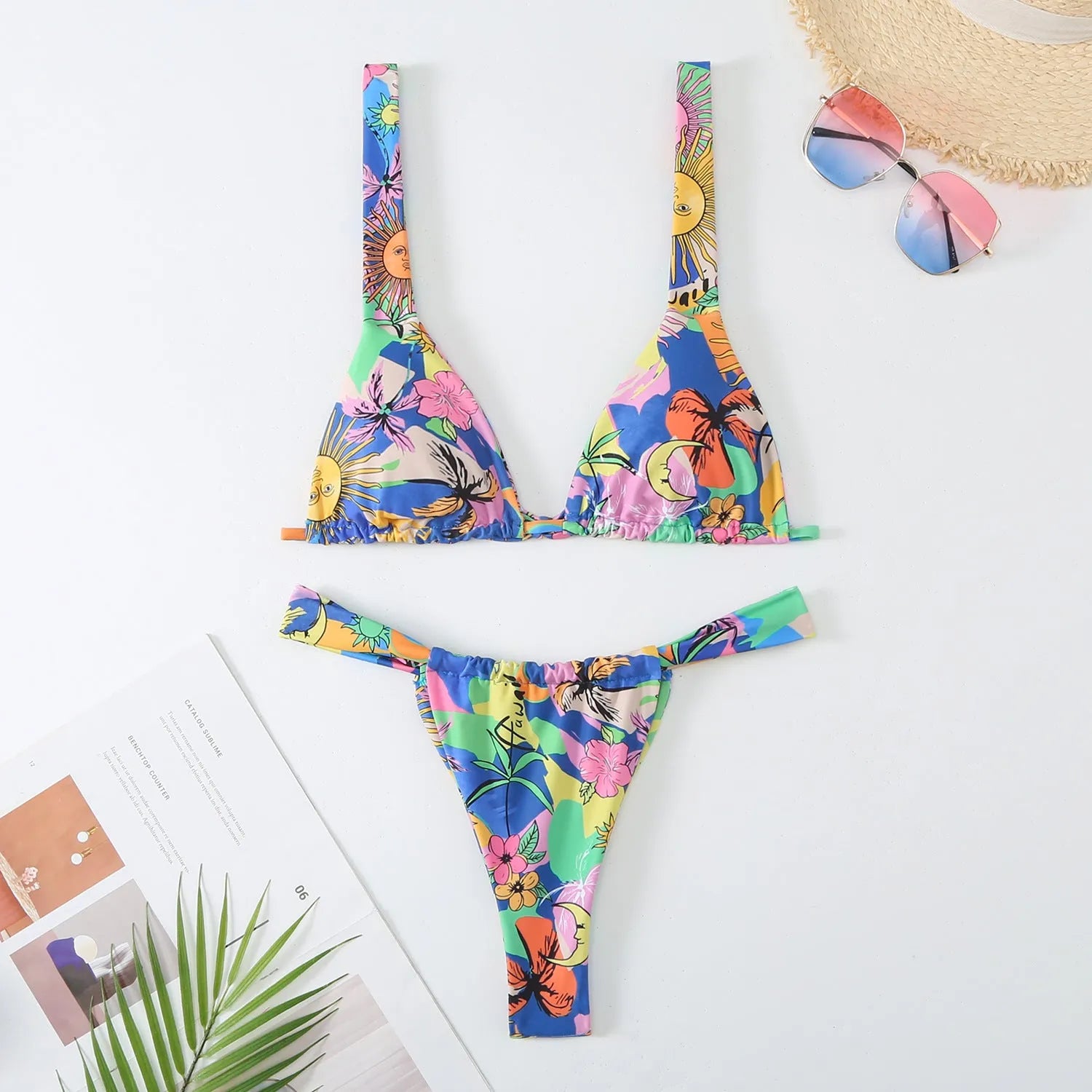 Women's floral print bikini swimsuit set in polyester fabric with bra and briefs