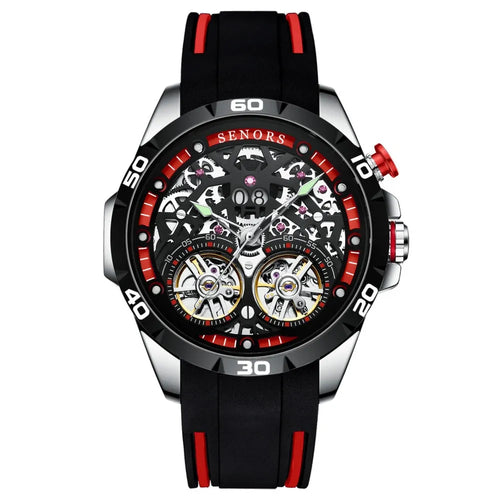 Automatic mechanical men's watch with skeleton dial and luminous hands in business-style casing