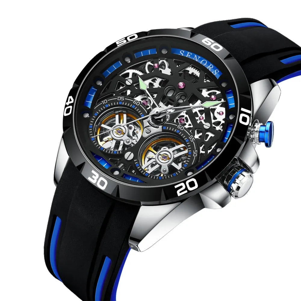 Automatic mechanical men's watch with skeleton dial and luminous hands in business-style casing