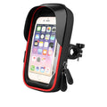 Black TPU mobile phone stand mounted on a bicycle handlebar, showing the waterproof zipper.