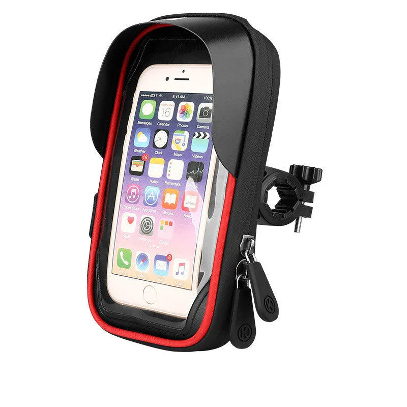 Black TPU mobile phone stand mounted on a bicycle handlebar, showing the waterproof zipper.