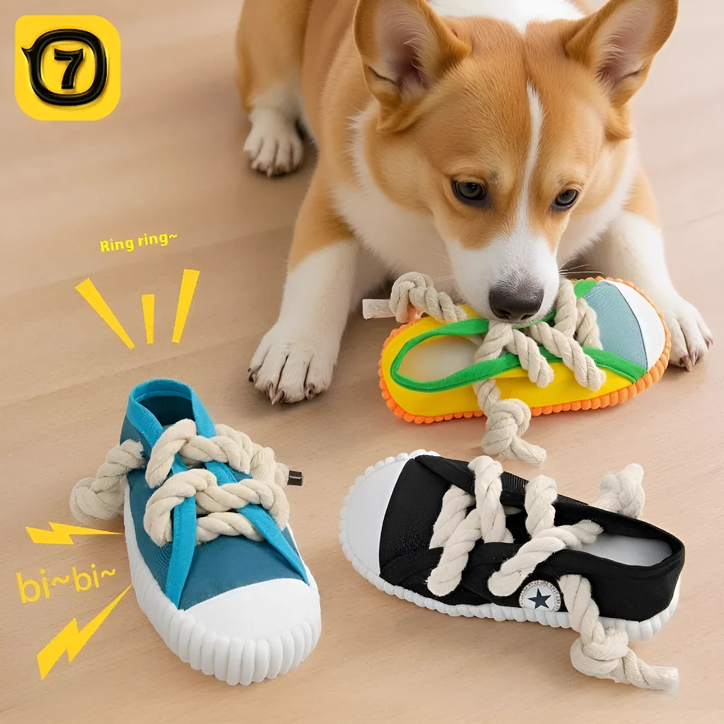 Dog sound slippers toy in plastic with squeaker for chewing relief