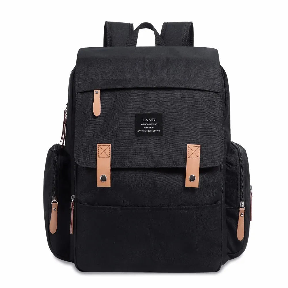 Large Oxford cloth diaper backpack with changing mat in beige colour, dimensions 33x39x15cm