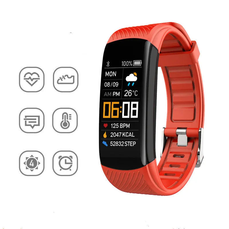 TPU sports pedometer bracelet on wrist showing 0.96-inch touch screen, available in multiple colours.
