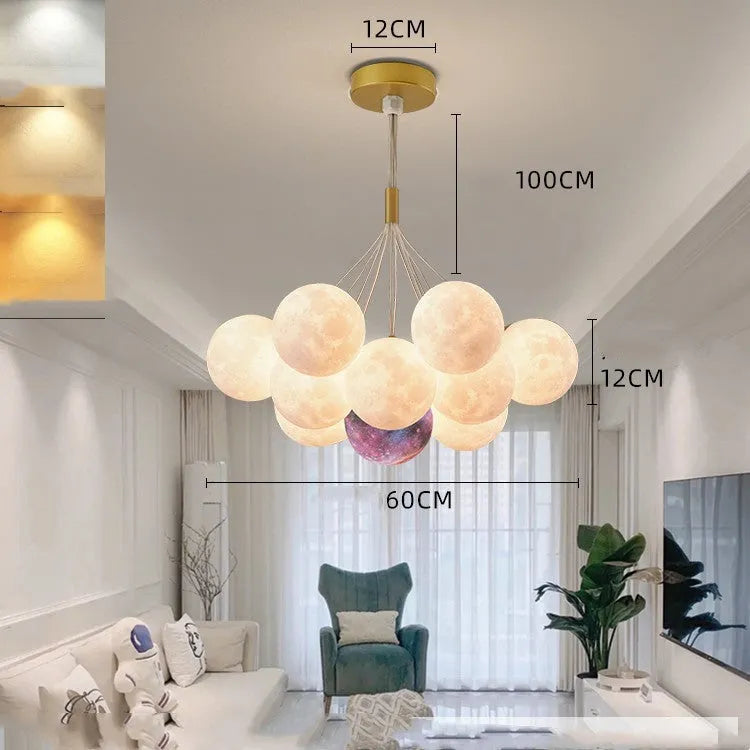 Nordic-style gold and black iron bedroom chandelier with moon bubble lights and PMMA lampshade