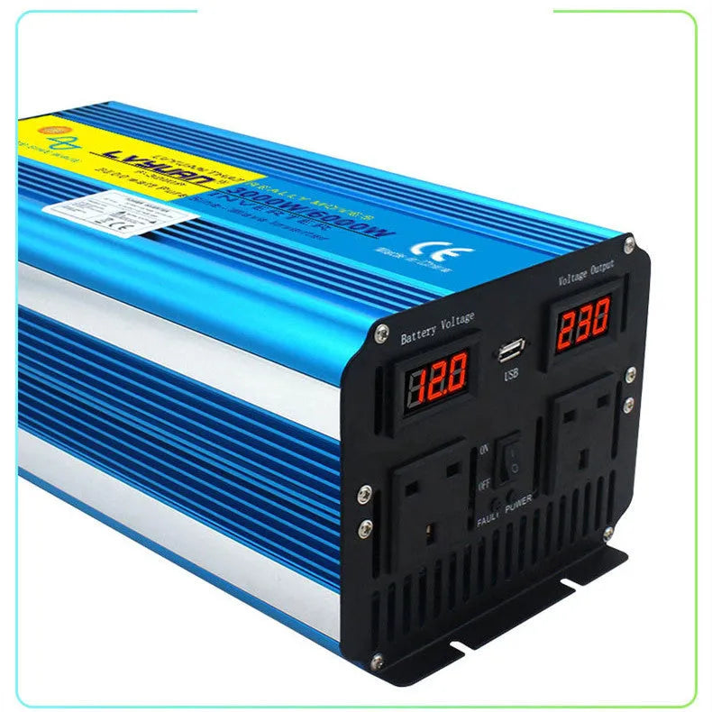 Blue 3000W pure sine wave power inverter with digital display and UK socket, remote control included.