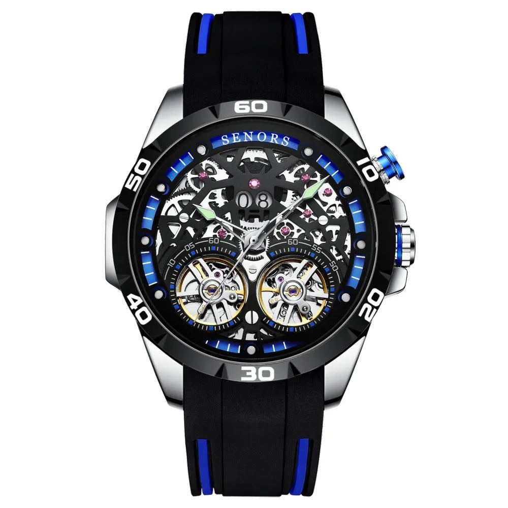 Automatic mechanical men's watch with skeleton dial and luminous hands in business-style casing