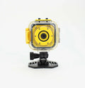 Yellow children's waterproof sports camera with LCD screen showing HD video recording.