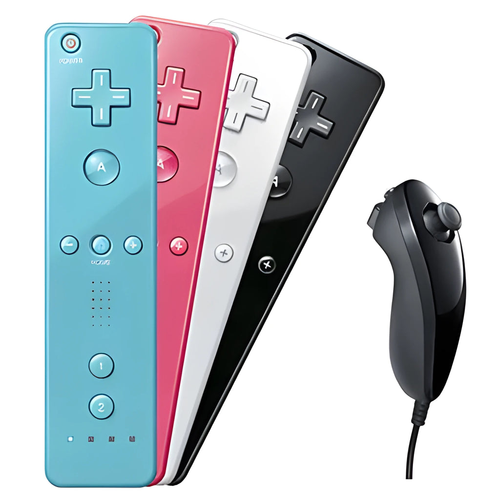 Wii left and right wireless gamepad controllers with rubber sleeve on the right-hand unit, in selected colour.