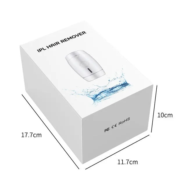 White home laser hair removal device with display screen and power adapter on a plain background.
