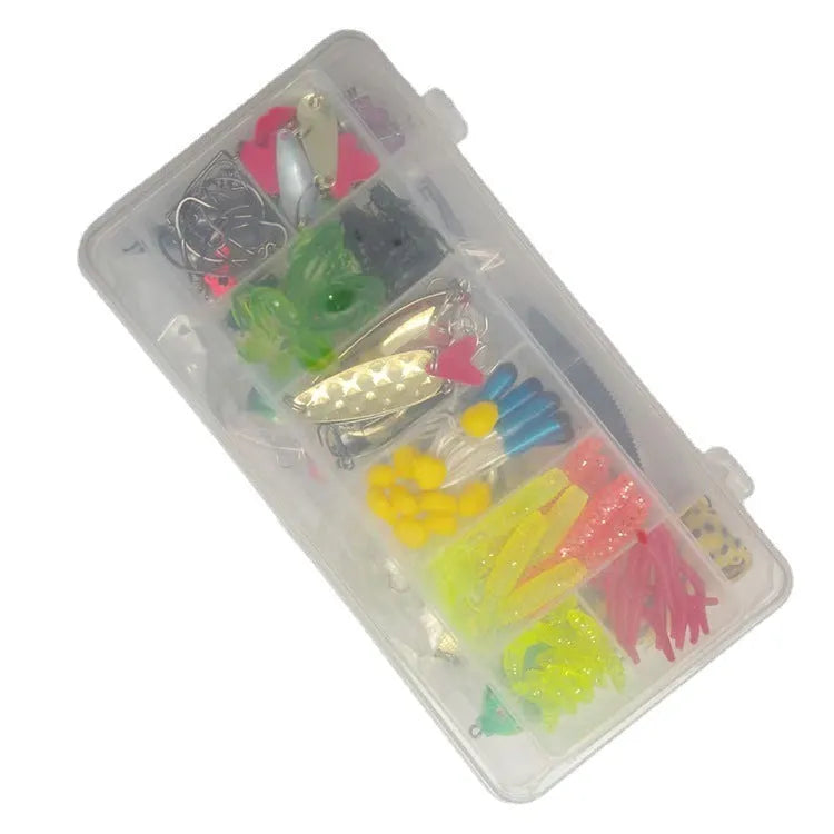 142-piece fishing lure set with hard mino baits, sequins, hooks, and fishing pliers arranged together