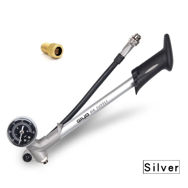 Mountain bike air fork pump with 300 psi gauge and rotating hose, black colour option
