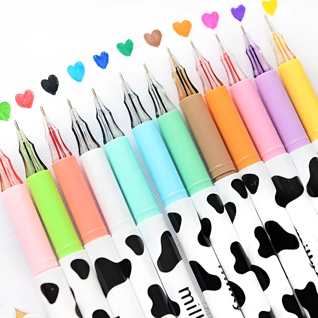 Cow colour gel pen set showing 12 pens with plastic barrels and 0.38mm tips