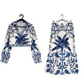 Women's casual polyester two-piece outfit set with long sleeves and matching skirt in picture colour