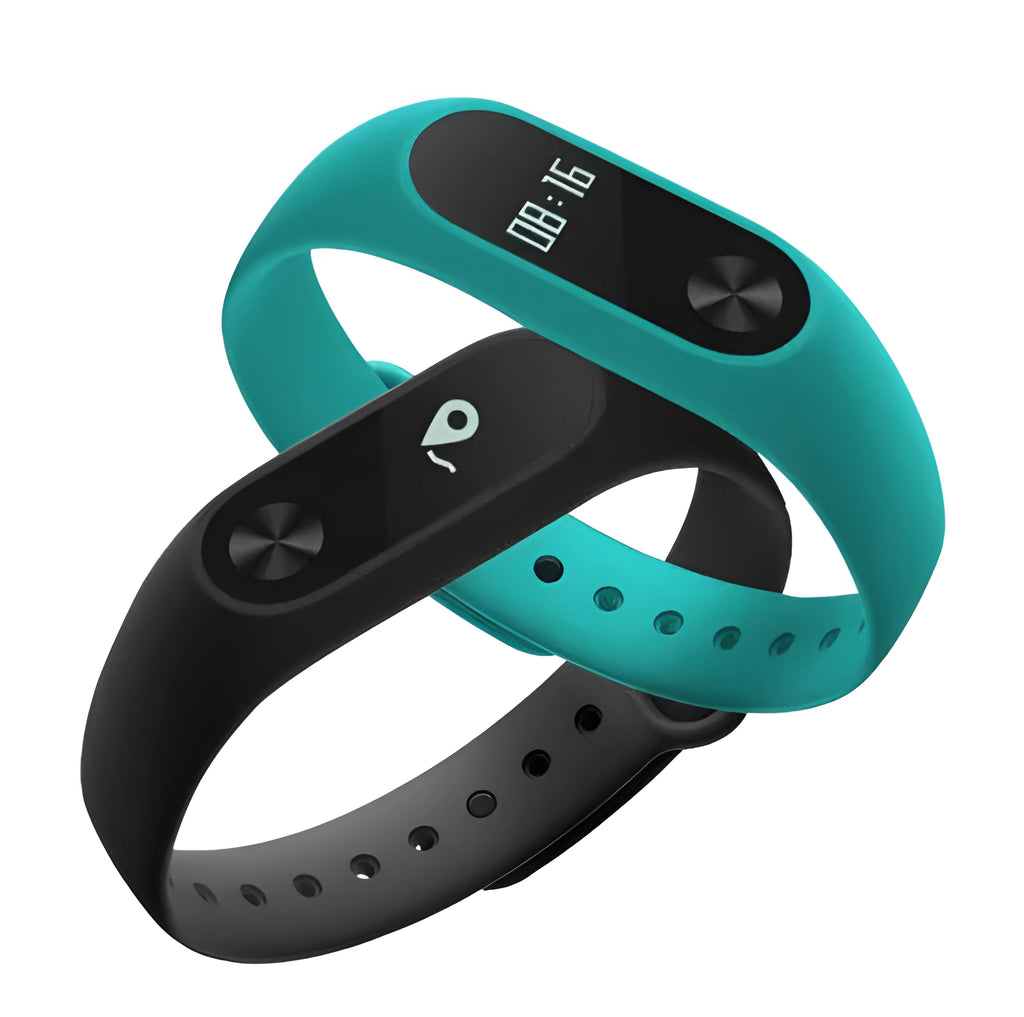 Xiaomi Mi Band 2 black smartband on wrist showing OLED display with heart rate and step count.