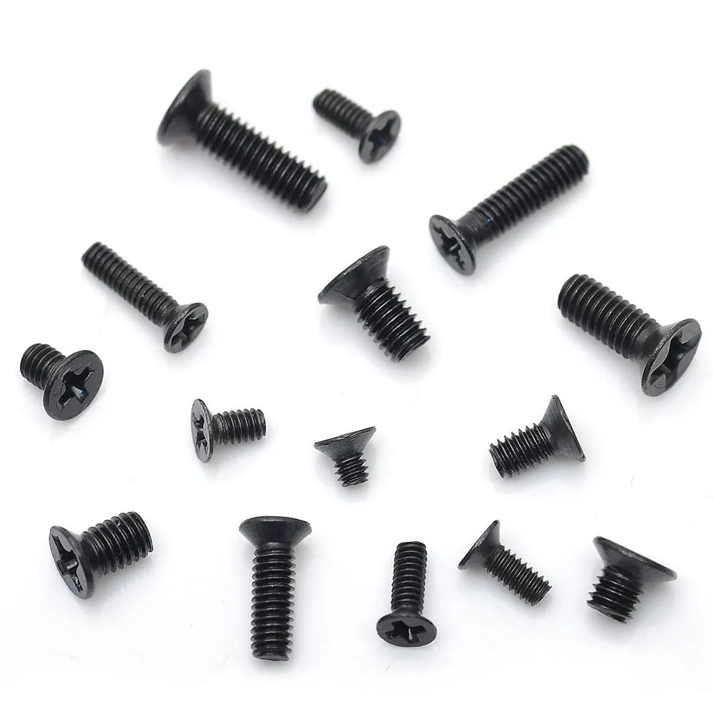 Laptop repair screw set showing black countersunk head machine screws in a box, available in 450, 650, or 720 pieces.