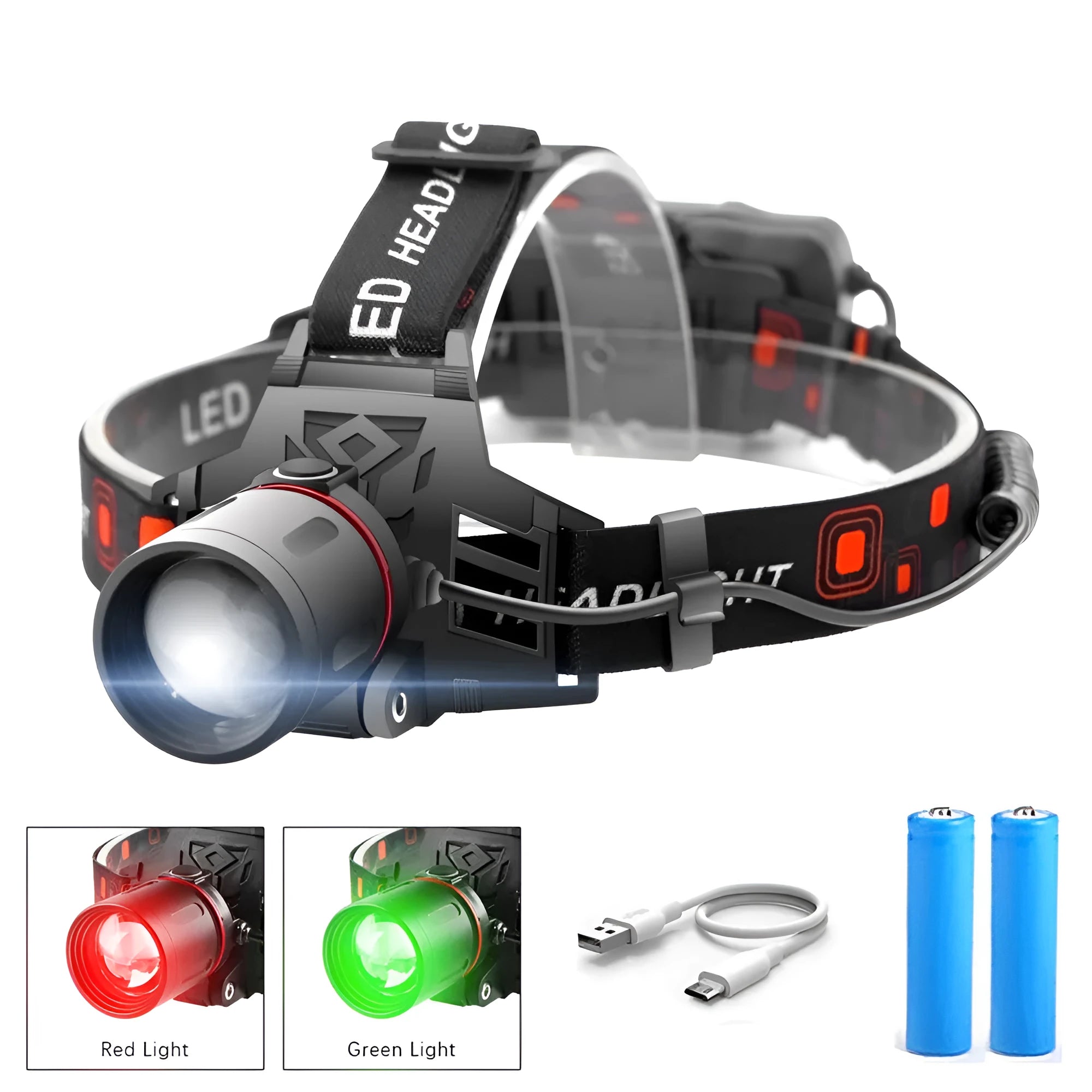 T6 LED zoom headlamp showing white, green, and red light modes on a headband.