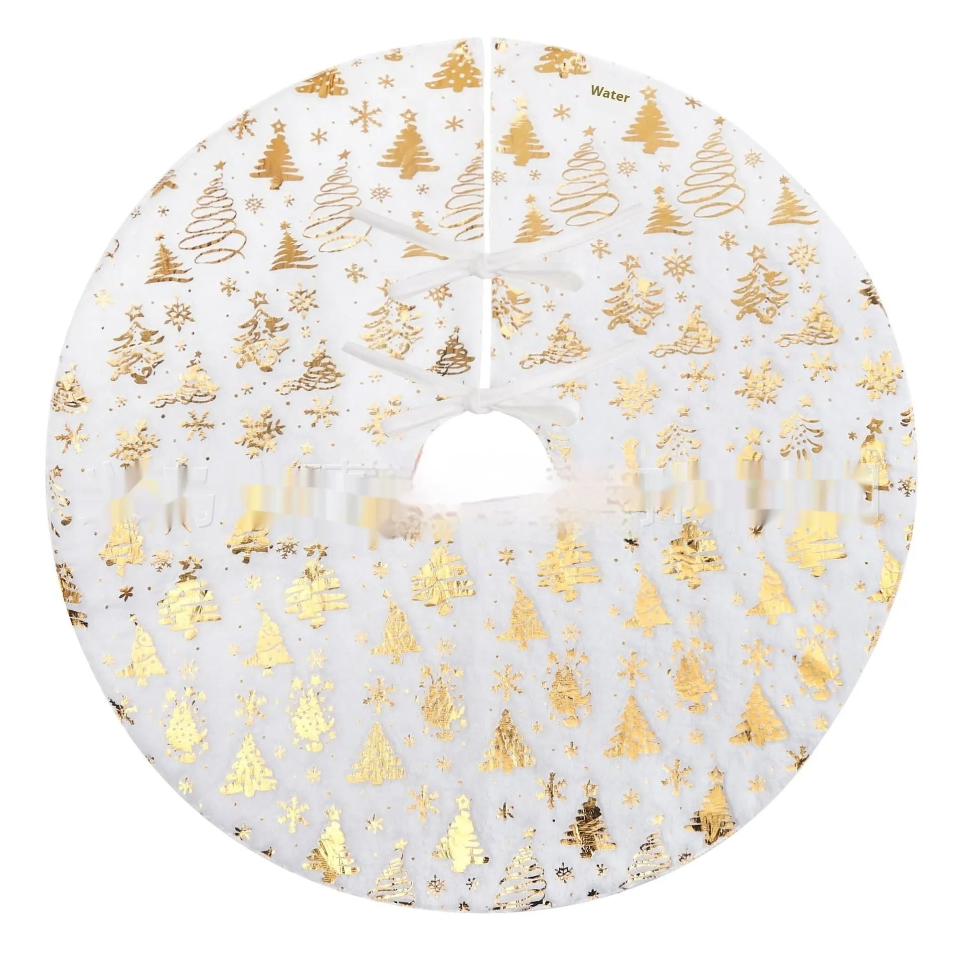 Plush red Christmas tree group mat with white snowflake XINGX pattern on a wooden floor.