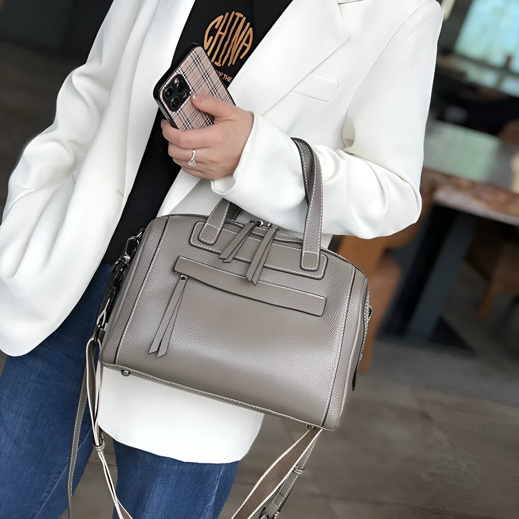Genuine leather Boston lychee pattern shoulder messenger bag open showing internal compartments