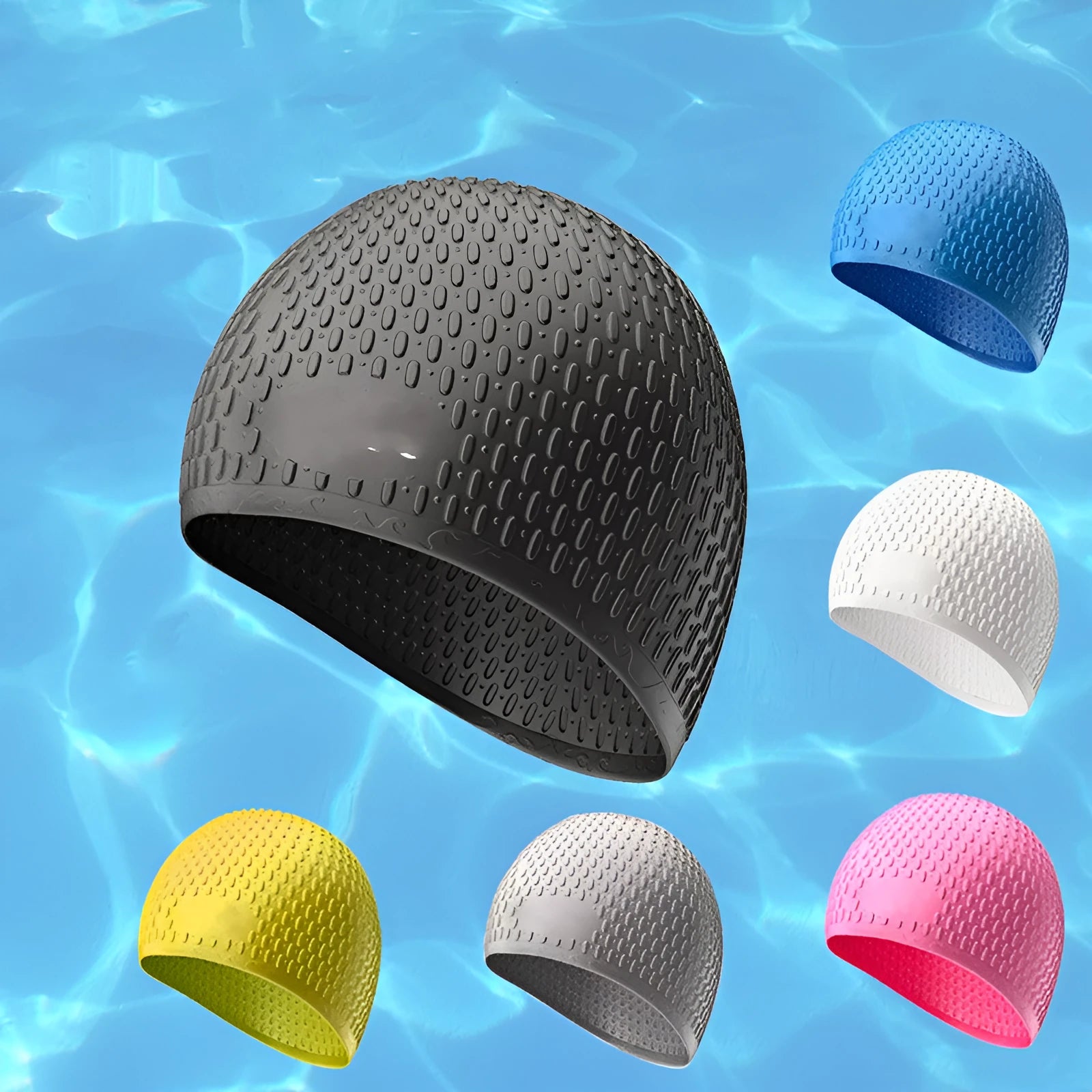 Silicone adult swimming cap with water drop texture in solid colour options on white background.