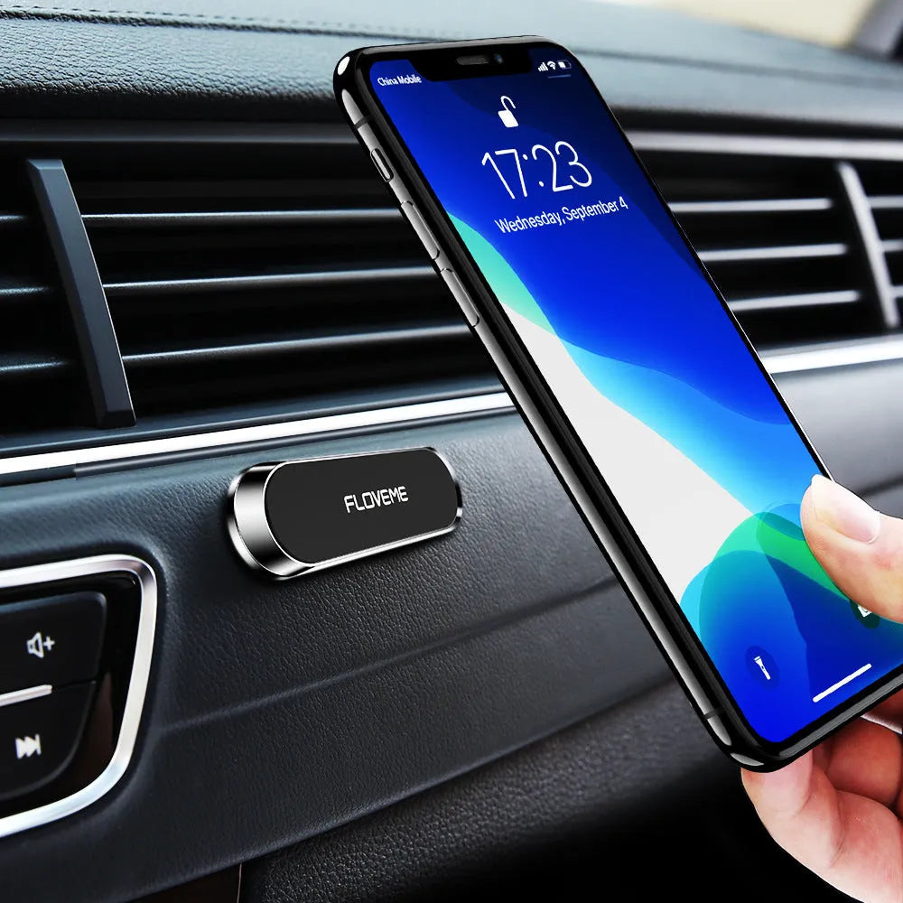 Black magnetic car phone holder with silver iron sheet and foam adhesive for dashboard mounting