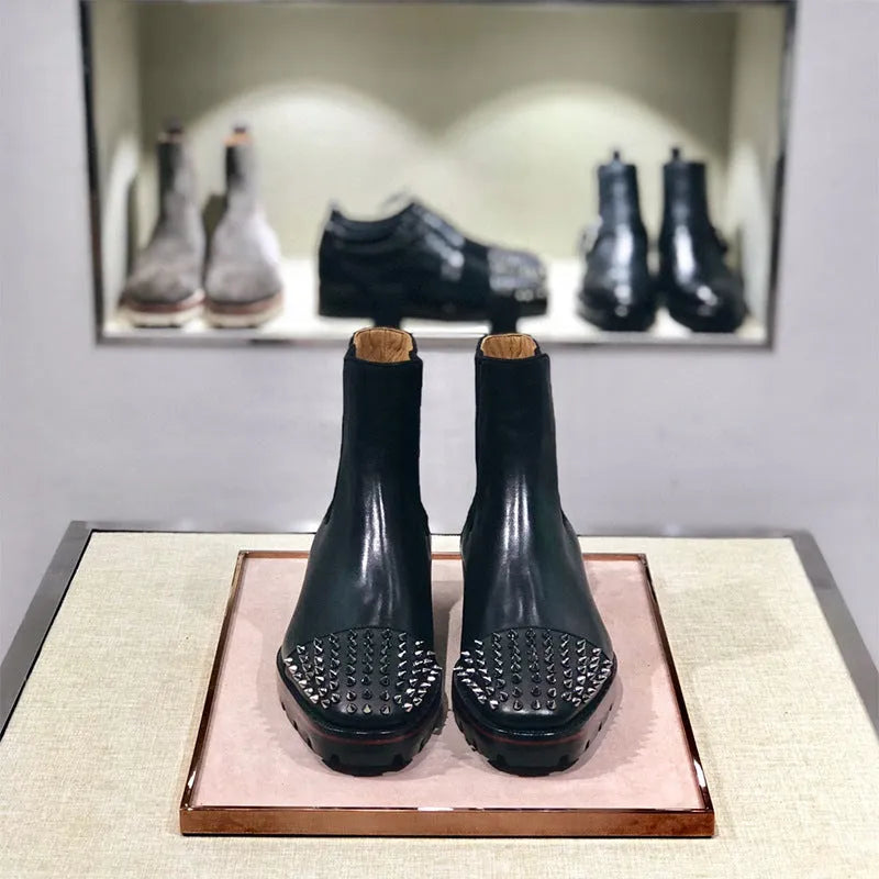 Men's black high-top leather oxford shoes with cowhide upper and lace-up closure on a leather sole.