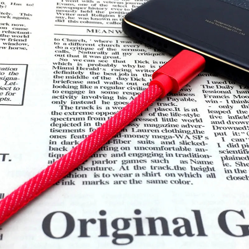Denim fabric Type-C charging cable with aluminium alloy connectors in black, blue or red colour