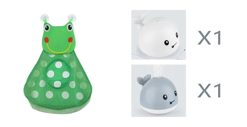 Whale-shaped electric bath toy spraying water with flashing lights, on a blue base.