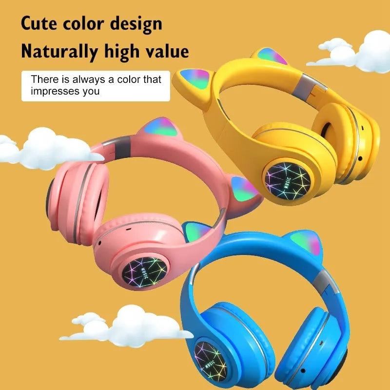 Cat ear wireless sports Bluetooth headset in various colours showing head-mounted design and earpieces
