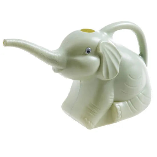 Pink children's watering can in shape of baby elephant with long nozzle and handle.