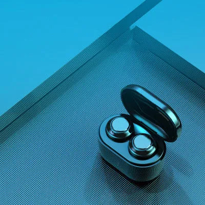 Black stereo Bluetooth earbuds with wireless charging case