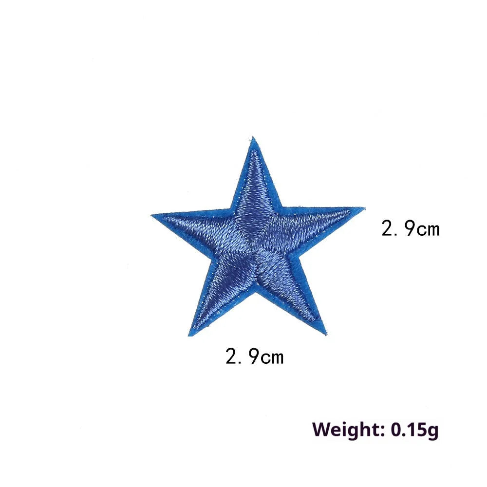Colourful embroidered five-pointed star designs on cloth sticker labels for DIY clothing customisation.