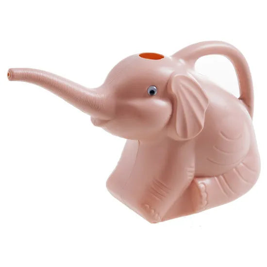 Pink children's watering can in shape of baby elephant with long nozzle and handle.