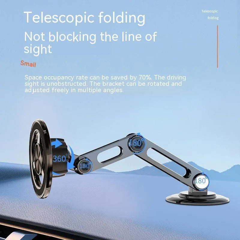 All-metal magnetic car phone holder in black, silver, gold, and rose gold with magnetic rings and adhesive pads.