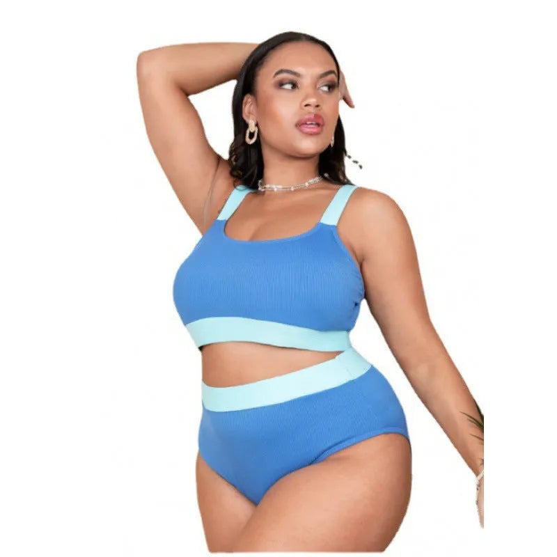 Women's high-waisted polyester bikini brief set in solid colour with stitching detail