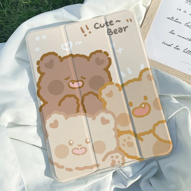 Cartoon style silicone tri-fold protective case for Apple iPad in standing position.